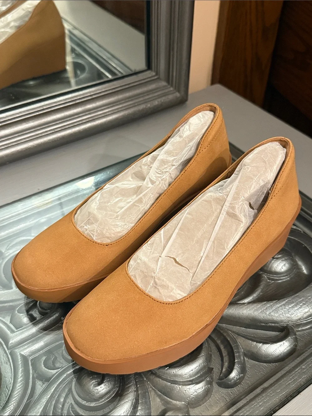 Vionic 6 Sutro Sereno Comfortable Tan Platform Wedge Pumps Camel Nubuck Leather